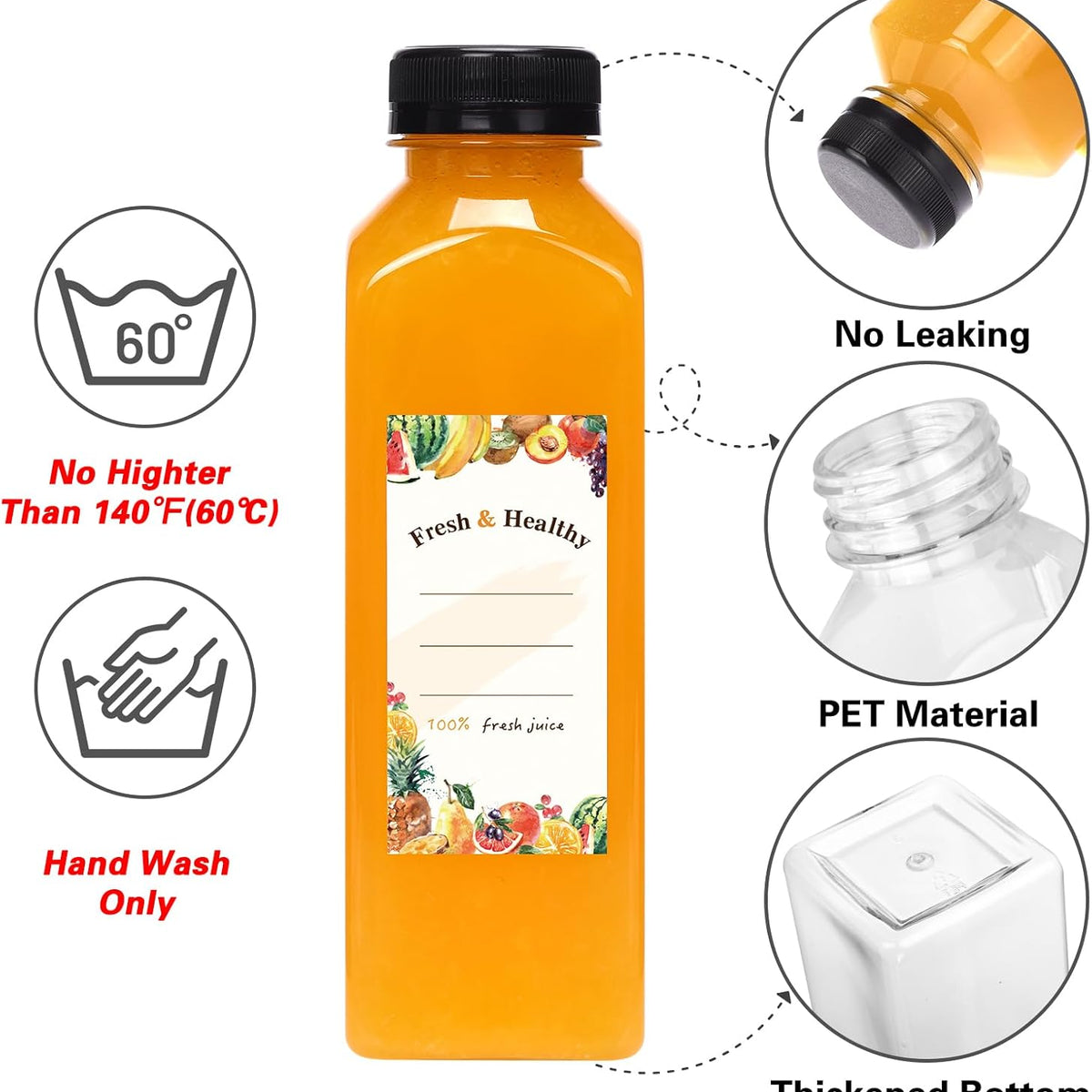 Moretoes 160pcs 16oz Plastic Juice Bottles with Caps, Clear Empty Reusable Bottles with Brush Funnel and Labels for Smoothies and Other Beverages