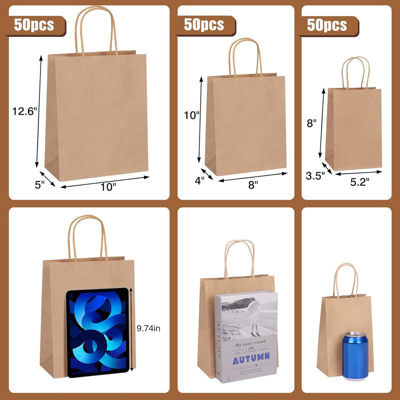 Moretoes 150pcs Brown Paper Bags, (8/10/12.6 Inches) 50 Per Size Kraft Paper Gift Bags with Handles Bulk, Assorted Sizes for Small Business, Shopping, Retail, Gift
