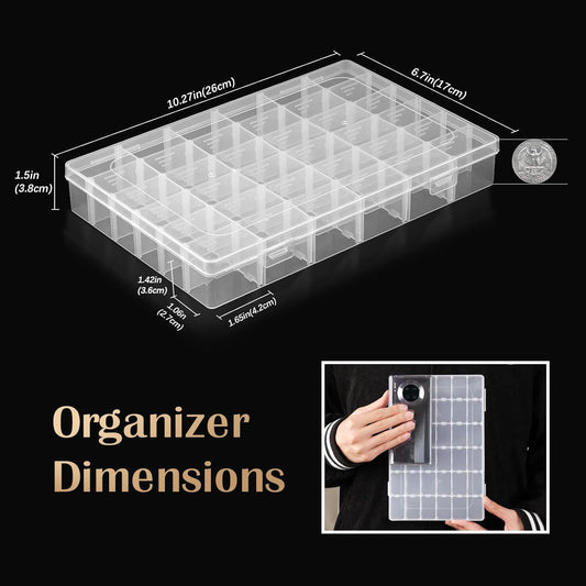 6 Pack 36 Grids Clear Plastic Organizer Storage Box Container, Craft Storage with Adjustable Dividers for Beads, Art DIY, Crafts, Jewelry, Fishing Tackle with Label Stickers