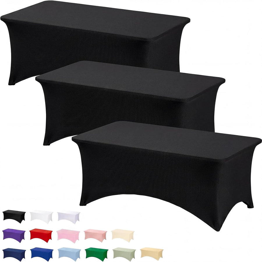 3 Pack Black Table Cloth for 6FT Rectangle Tables, Rectangular Tablecloths Stretch Spandex Fitted Table Covers 6FT for Party, Trade Show, Banquet, Wedding, Buffet, Graduation Decoration