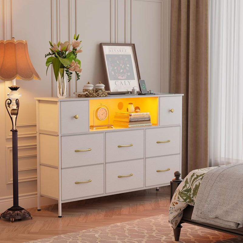 Fixwal Dresser for Bedroom with Power Outlets and LED Lights, White 55" TV Stand with 8 Drawers, Fabric Chest of Drawers with PU Finish for Living Room, Entryway