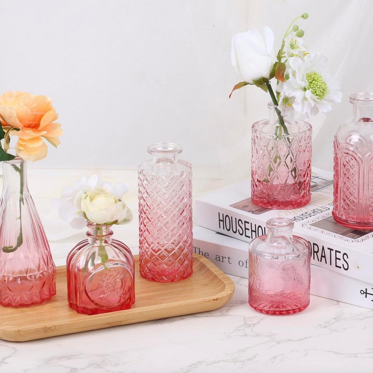 18pcs Pink Glass Bud Vase Set, Small Flower Vases for Centerpieces in Bulk, Mini Vintage Vase for Home, Wedding, Table Decor
