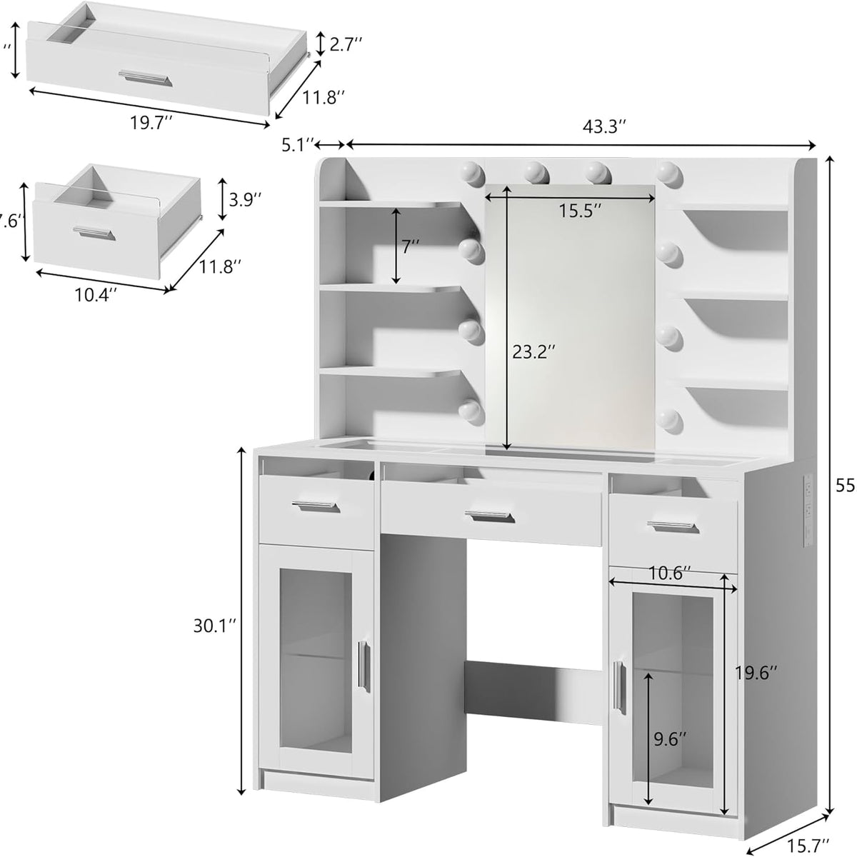 Vanity Desk, Makeup Vanity Desk with Mirror and Lights 3 Colors, Transparent Top with 3 RGB Drawers, 6 Shelves, 2 Large Tempered Cabinets, Power Outlet, for Bedroom, White