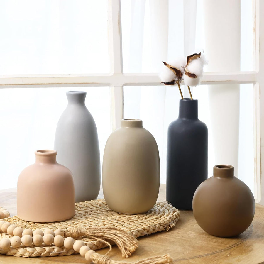 Ceramic Vase Set of 5, Home Decor Farmhouse Décor Handmade Pottery Vases for Pampas Grass, Dried Fresh Flowers, Table, Living Room, Kitchen, Shelf, Entryway Mantel Neutral Tones