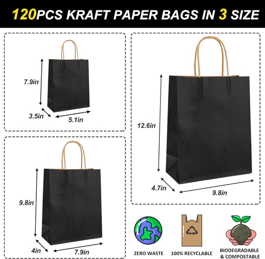 120pcs Black Paper Bags with Handles Mixed Size Bulk Kraft Paper Gift Bags for Business, Shopping, Retail, Merchandise
