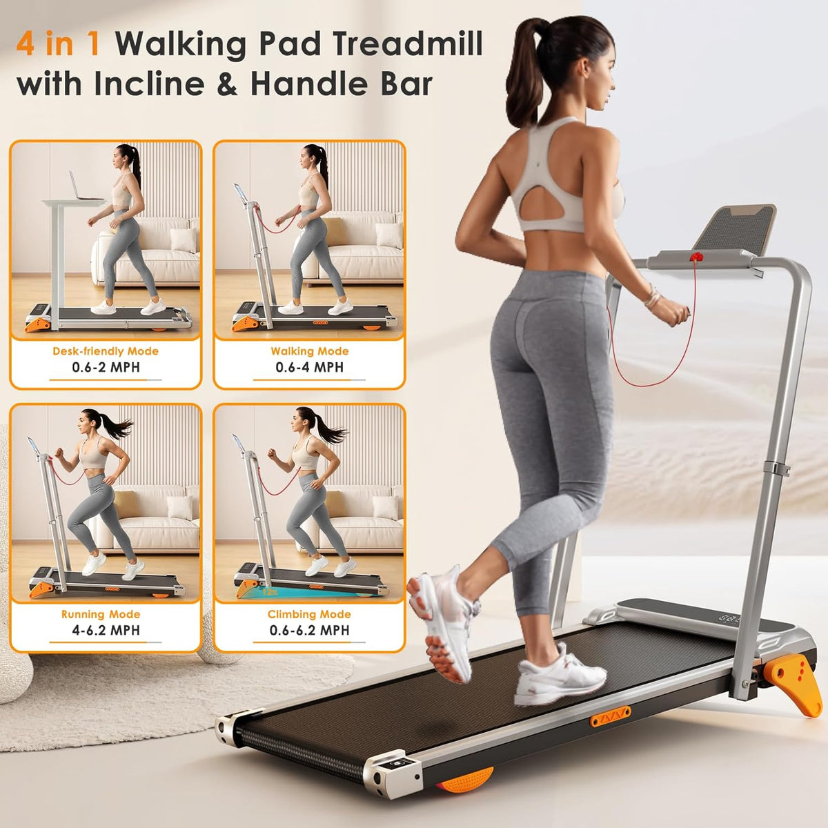 Walking Pad with Incline Portable Treadmill with Handle Bar for Home Office Under Desk Use Small Space Treadmill, Silver