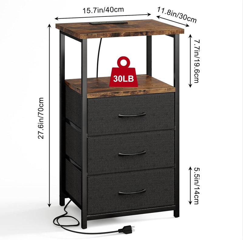 Fixwal Nightstand with Charging Station, Night Stand with Fabric Drawers, Bedside Table for Bedroom, End Table with Storage, Rustic Brown and Black