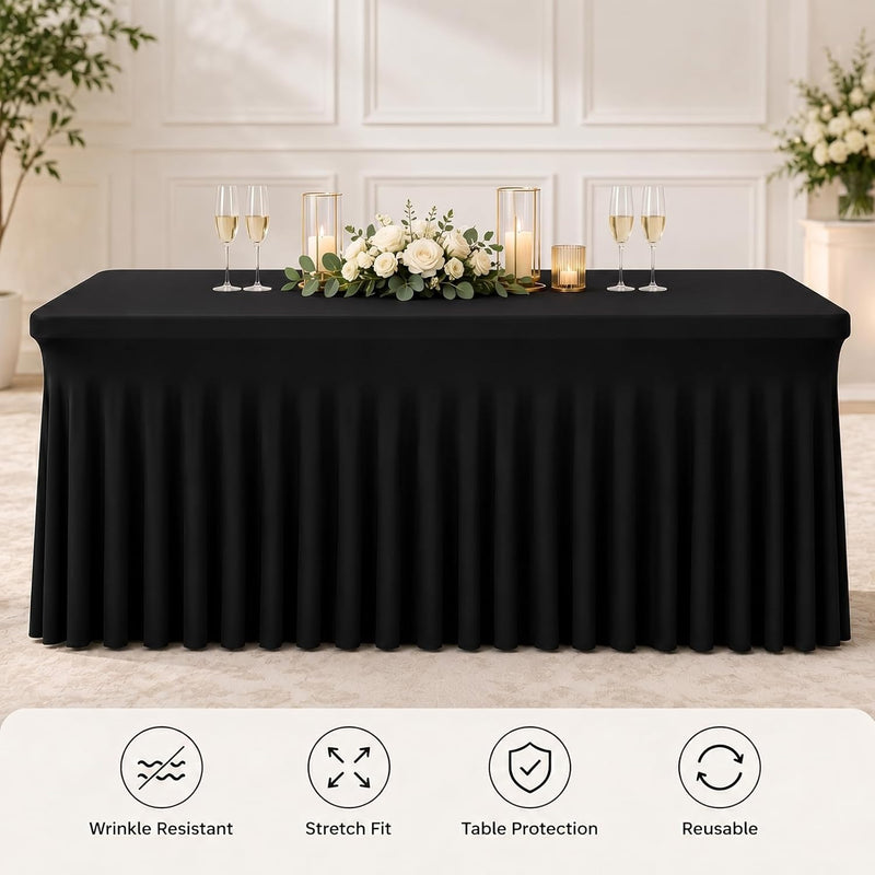 Fixwal Black Spandex Tablecloth for Rectangle Table 6ft, Table Skirt for Folding Table, Table Cover for Party, Show, Wedding and Birthday