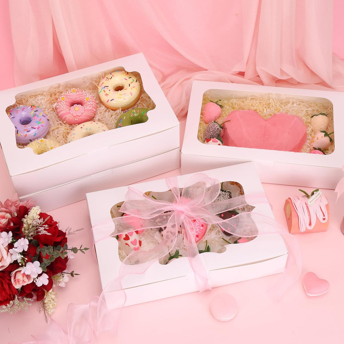 80pcs Cookie Boxes with Window, 12x8x2.5 Inches 4 Style Bakery Boxes, Large White Treat Containers for Chocolate Strawberries, Cakes, Donuts, Muffins and Pastries