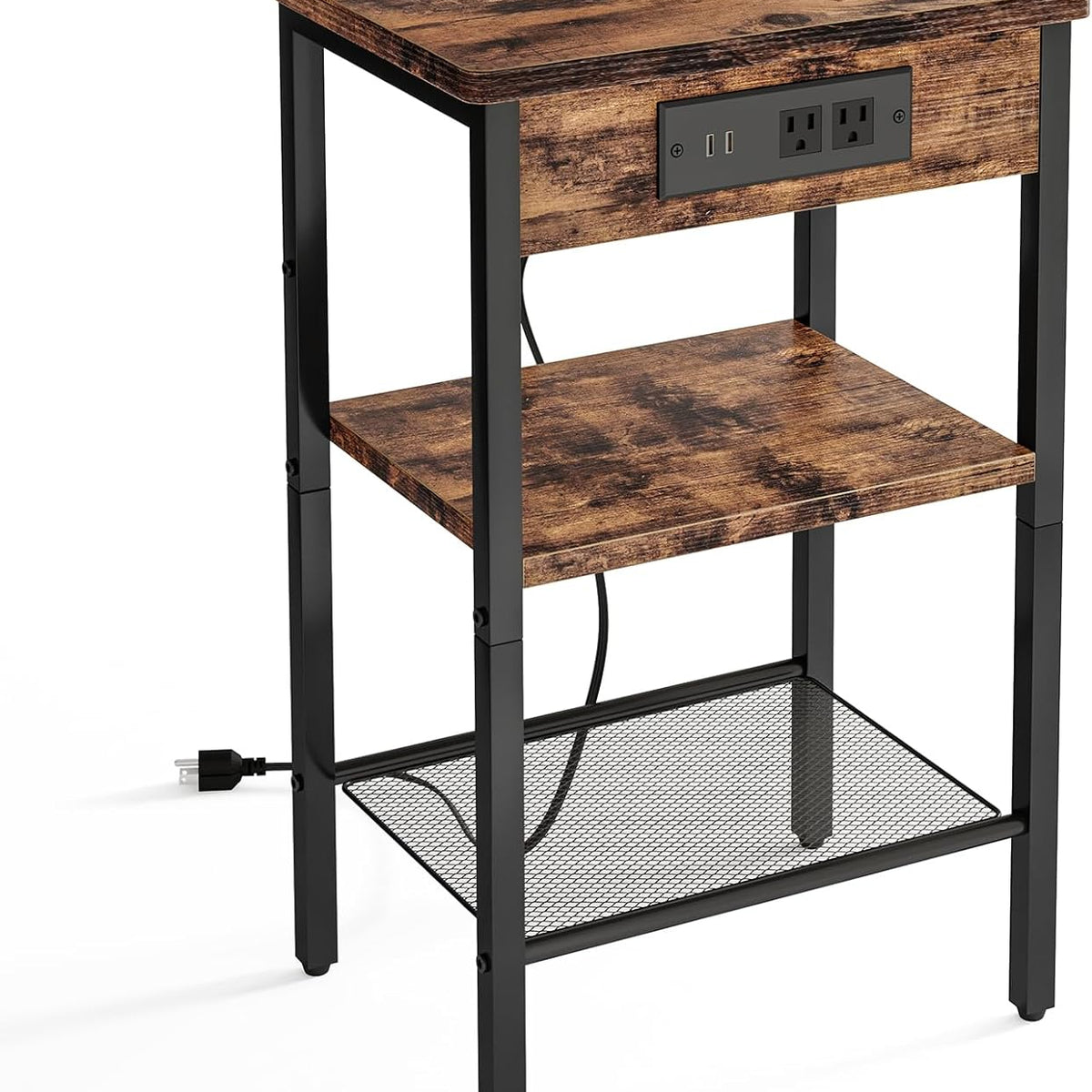 Fixwal Side Table, Night Stand with Charging Station, 3-Tier End Table with Storage Shelf, Side Table for Living Room, Bedroom, Rustic Brown and Black