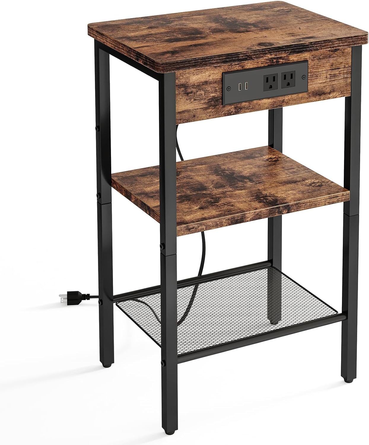 Fixwal Side Table, Night Stand with Charging Station, 3-Tier End Table with Storage Shelf, Side Table for Living Room, Bedroom, Rustic Brown and Black