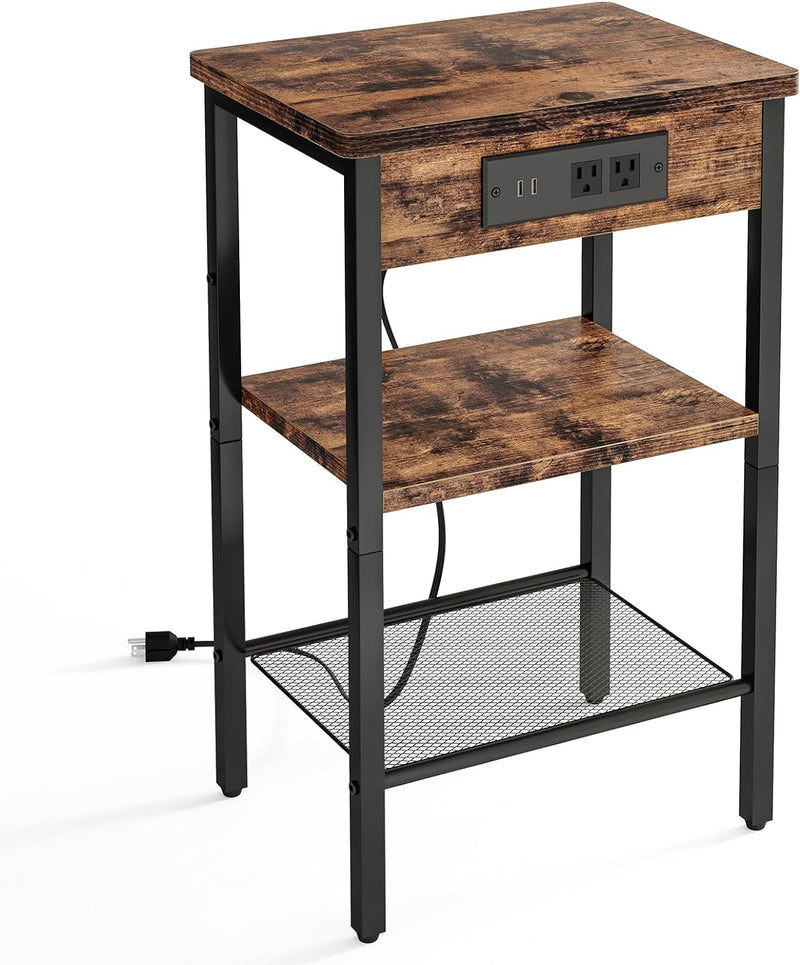 Fixwal Side Table, Night Stand with Charging Station, 3-Tier End Table with Storage Shelf, Side Table for Living Room, Bedroom, Rustic Brown and Black