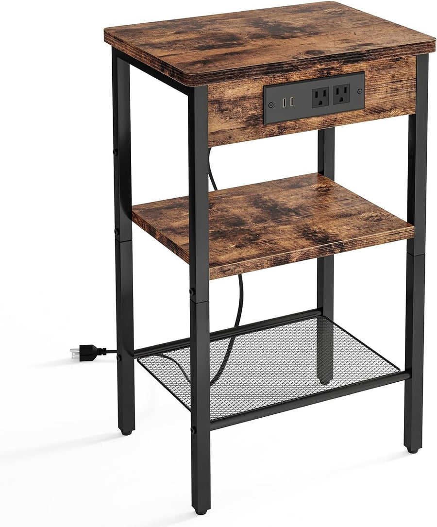 Side Table, Night Stand with Charging Station, 3-Tier End Table with Storage Shelf, Side Table for Living Room, Bedroom, Rustic Brown and Black