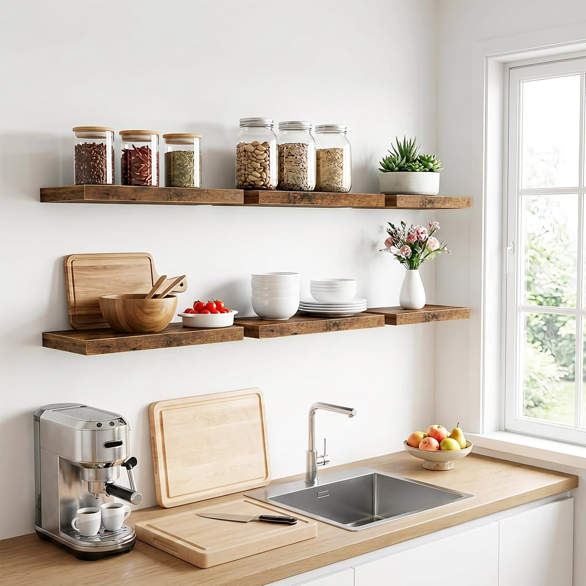 Fixwal 15.7in Floating Shelves, Set of 6 Wood Shelves, Farmhouse Shelf Wall Decor for Bathroom, Bedroom, Living and Kitchen Room (Rustic Brown)