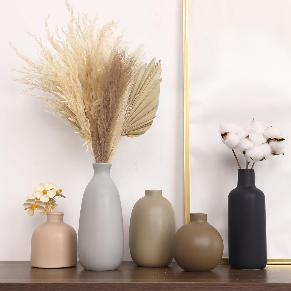 Ceramic Vase Set of 5, Home Decor Farmhouse Décor Handmade Pottery Vases for Pampas Grass, Dried Fresh Flowers, Table, Living Room, Kitchen, Shelf, Entryway Mantel Neutral Tones