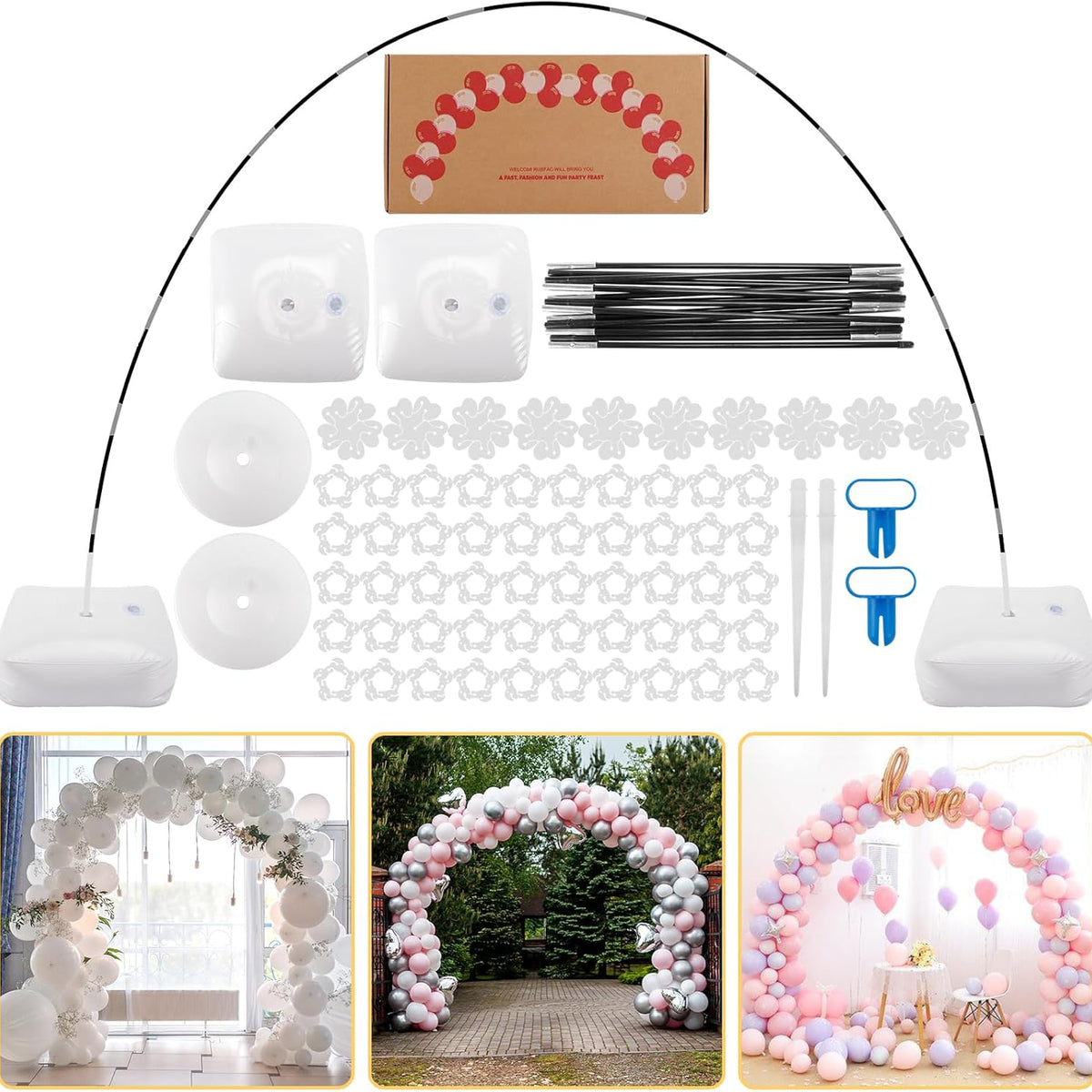 Balloon Arch Kit, 10ft Wide Adjustable Balloon Arch Stand with Water Fillable Base, 60pcs Balloon Clip, Balloon Strip, Tie Tool, for Wedding Birthday Party Supplies Halloween Decoration