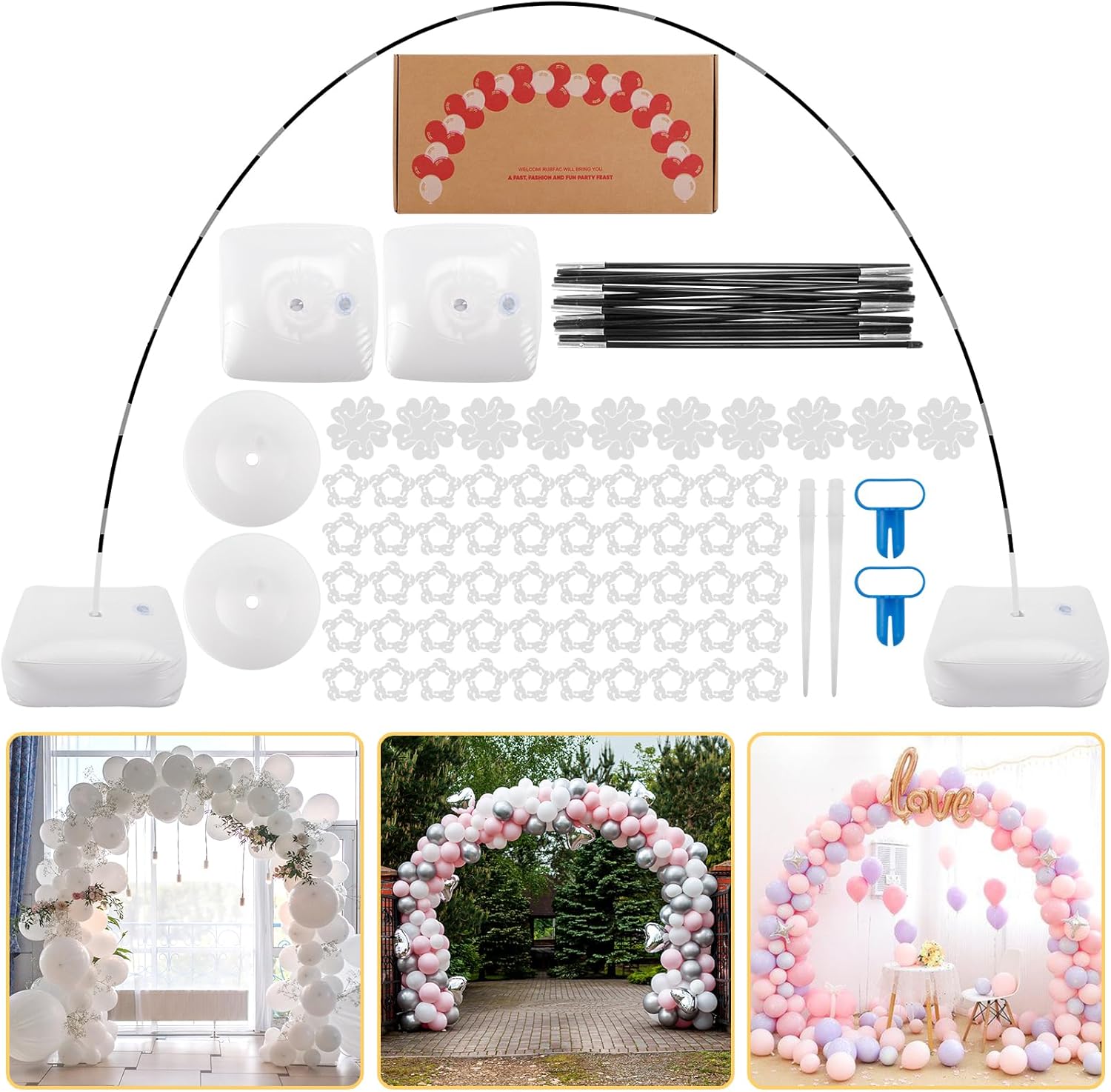 Balloon Arch Kit, 10ft Wide Adjustable Balloon Arch Stand with Water Fillable Base, 60pcs Balloon Clip, Balloon Strip, Tie Tool, for Wedding Birthday Party Supplies Halloween Decoration