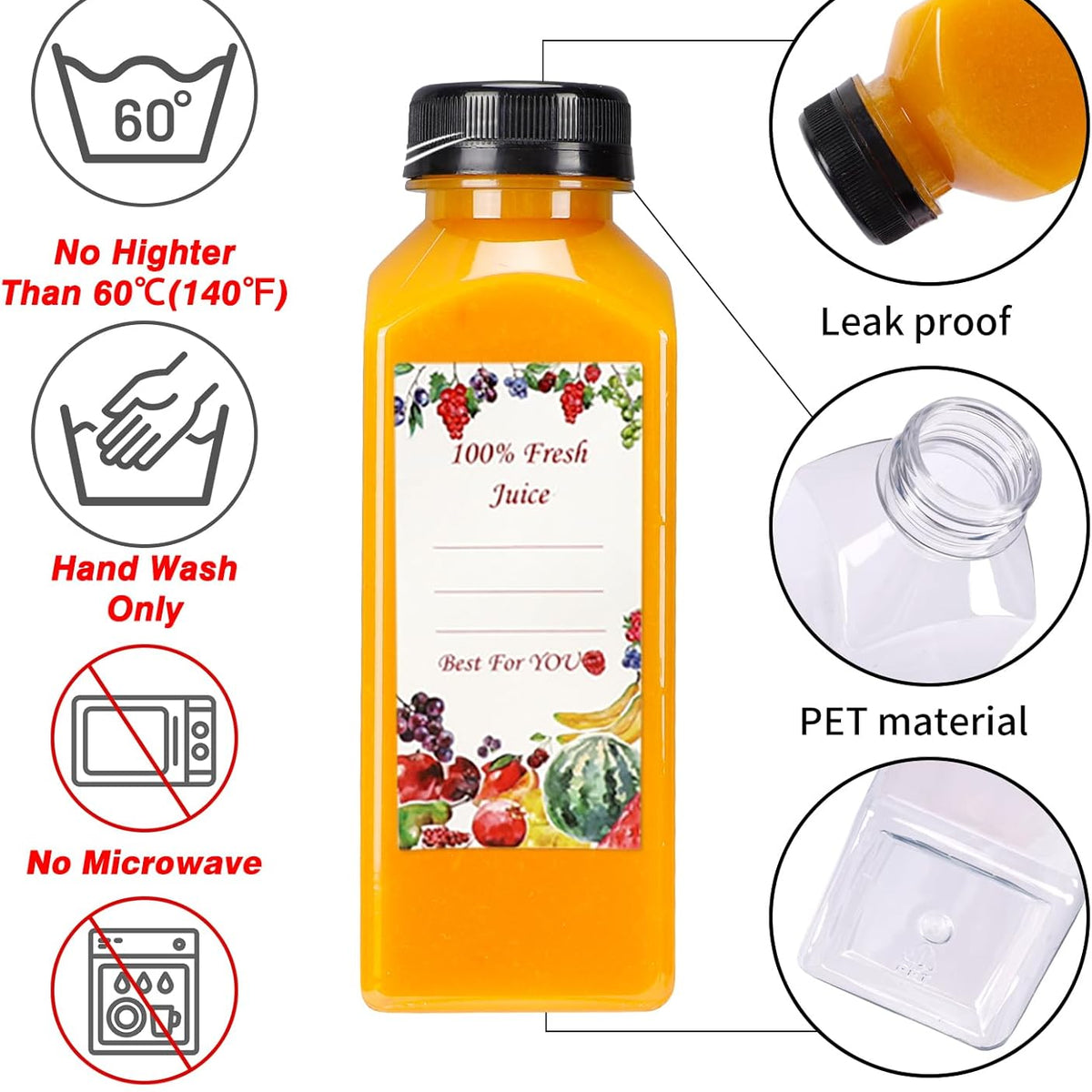 20pcs 16oz Juice Bottles, Plastic Juicing Bottles with Caps, Clear Drink Containers with Lids for Drinking, Smoothie and Other Beverages