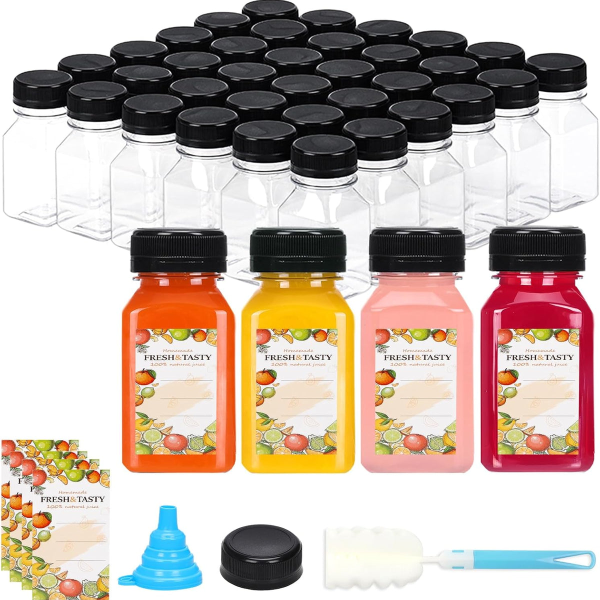 150pcs Juice Bottles with Caps, 4oz Plastic Containers with Lids Empty Reusable Clear Ginger Shots Bottles with Label, Funnel, and Brush Beverage for Juicing, Smoothies, Drinking, Fridge