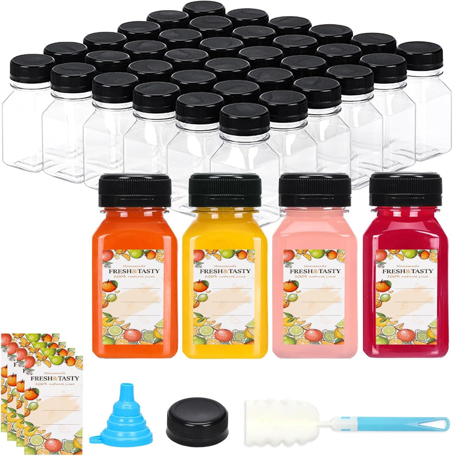 150pcs Juice Bottles with Caps, 4oz Plastic Containers with Lids Empty Reusable Clear Ginger Shots Bottles with Label, Funnel, and Brush Beverage for Juicing, Smoothies, Drinking, Fridge