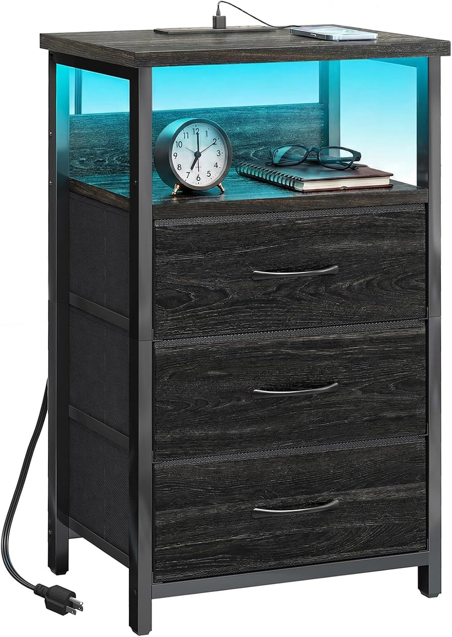 Night Stand with Charging Station, LED Nightstand with Fabric Drawers, End Table with PU Finish, Bed Side Table, Black Oak