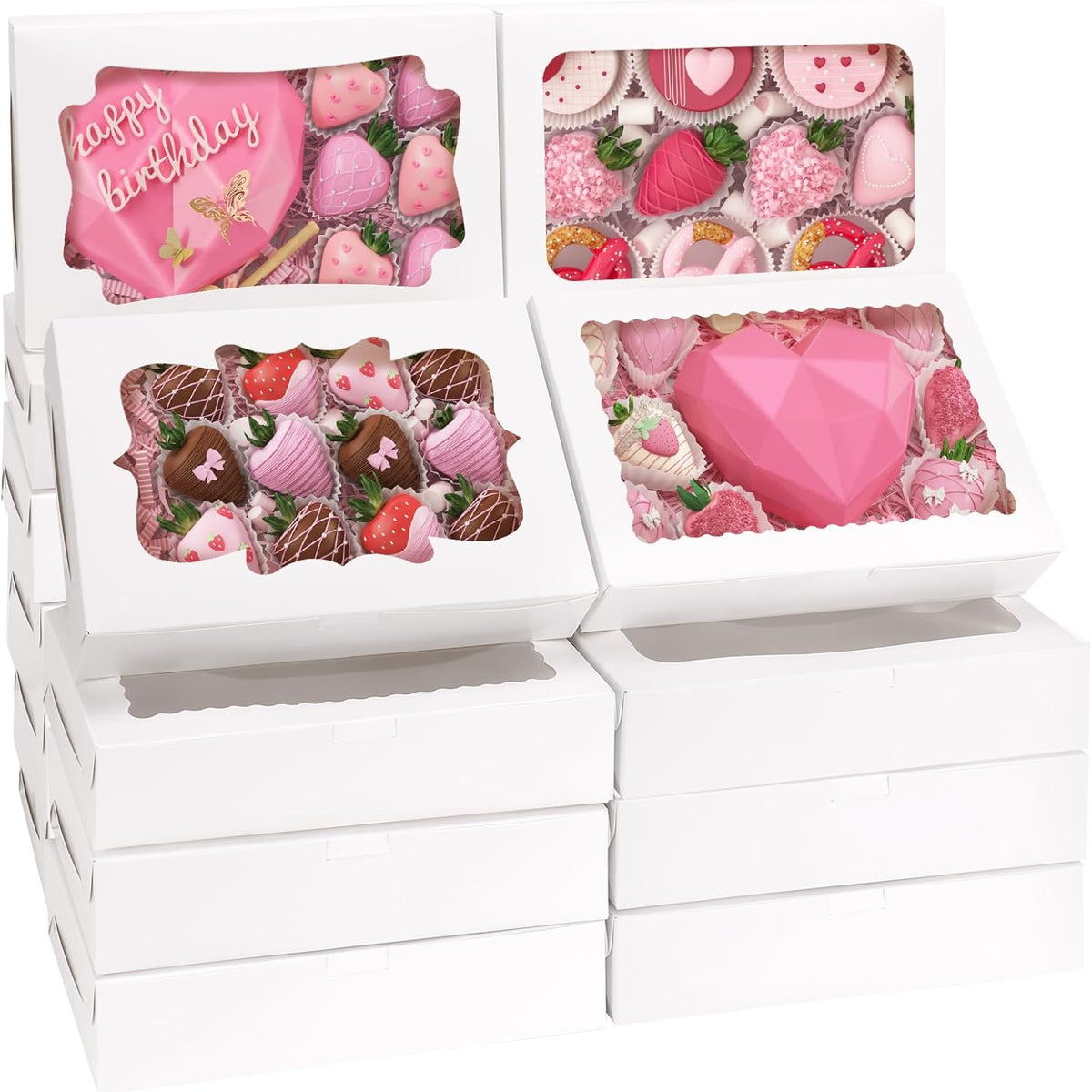 80pcs Cookie Boxes with Window, 12x8x2.5 Inches 4 Style Bakery Boxes, Large White Treat Containers for Chocolate Strawberries, Cakes, Donuts, Muffins and Pastries