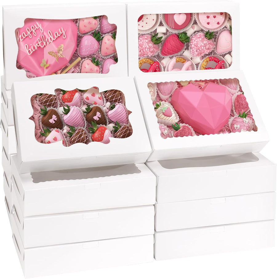 80pcs Cookie Boxes with Window, 12x8x2.5 Inches 4 Style Bakery Boxes, Large White Treat Containers for Chocolate Strawberries, Cakes, Donuts, Muffins and Pastries