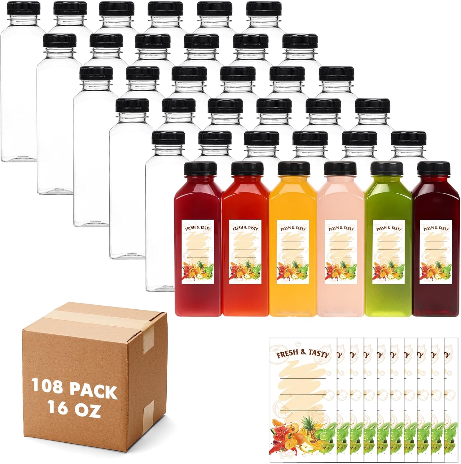 108pcs 16oz Empty Plastic Juice Bottles with Caps, Plastic Water Bottles with lids, Reusable Clear Bulk Beverage Containers for Juice, Milk and Other Beverages