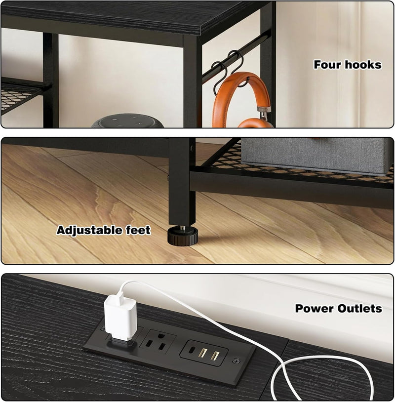 TV Stand for Up to 65 Inch TVs, Entertainment Center with Power Outlet and Open Storage Shelves, TV Media Console Table for Living Room and Bedroom, Black