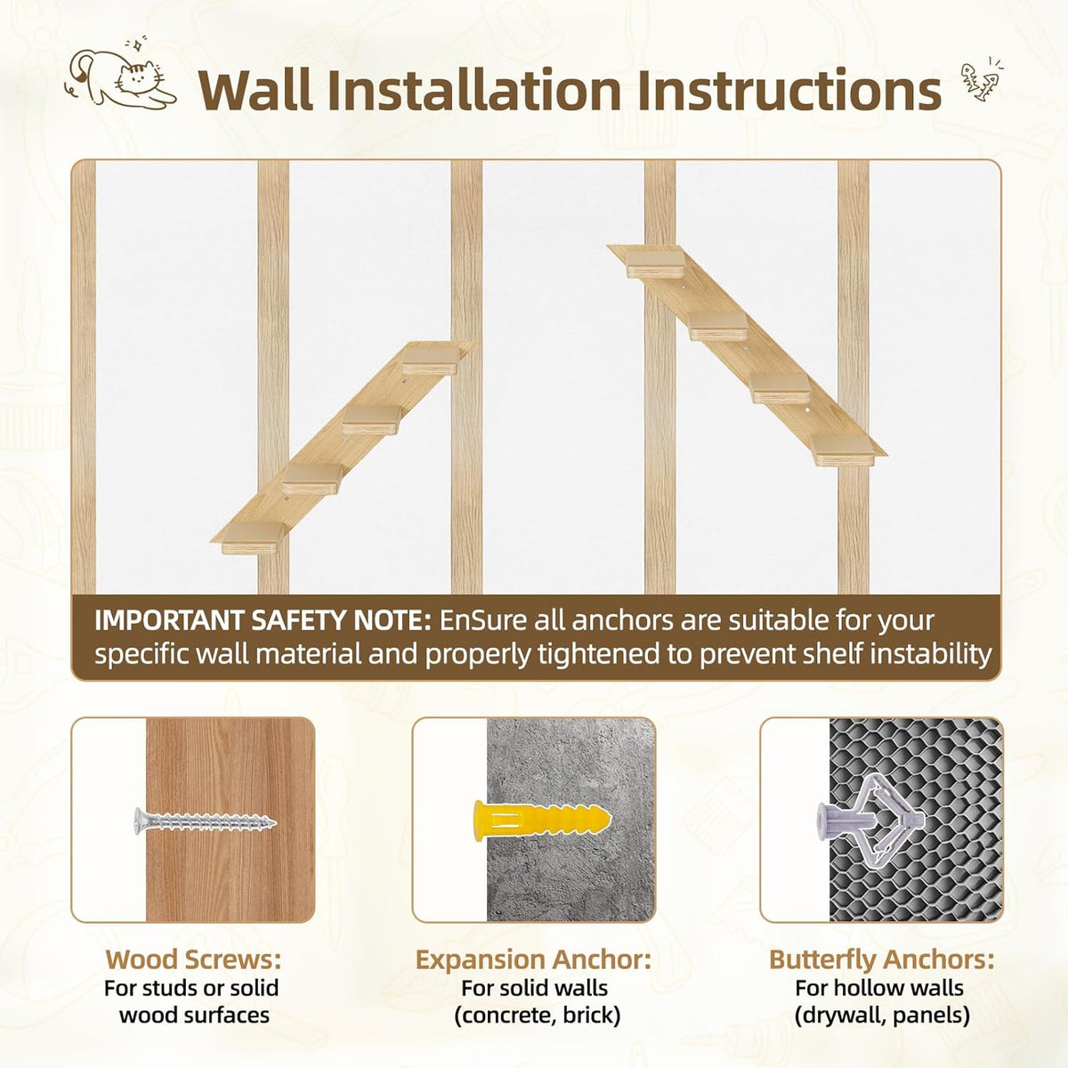 Superlele Cat Wall Shelves 2-Piece Set, 4-Tier Wall Mounted Cat Climbing Stairs with Sisal Scratching Surface, Wooden Steps for Indoor Cats to Play & Scratch, Space-Saving Perch Furniture