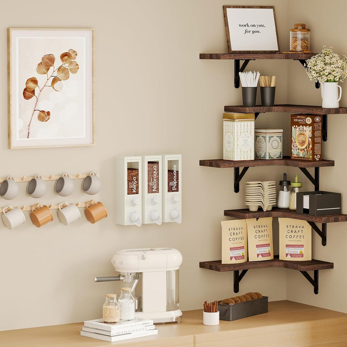 Fixwal Floating Shelves for Wall Set of 5, Rustic Wood Wall Mounted Corner Shelf for Bathroom, Kitchen, Bedroom, Home Decor, Laundry Room, Living Room (Walnut Brown)