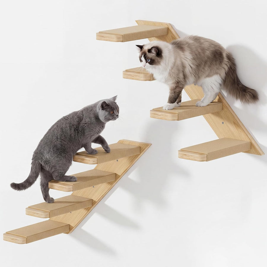 Cat Wall Shelves 2-Piece Set, 4-Tier Wall Mounted Cat Climbing Stairs with Sisal Scratching Surface, Wooden Steps for Indoor Cats to Play & Scratch, Space-Saving Perch Furniture