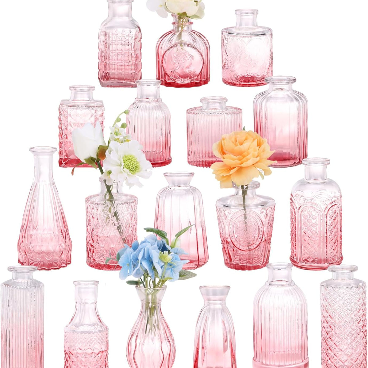 18pcs Pink Glass Bud Vase Set, Small Flower Vases for Centerpieces in Bulk, Mini Vintage Vase for Home, Wedding, Table Decor
