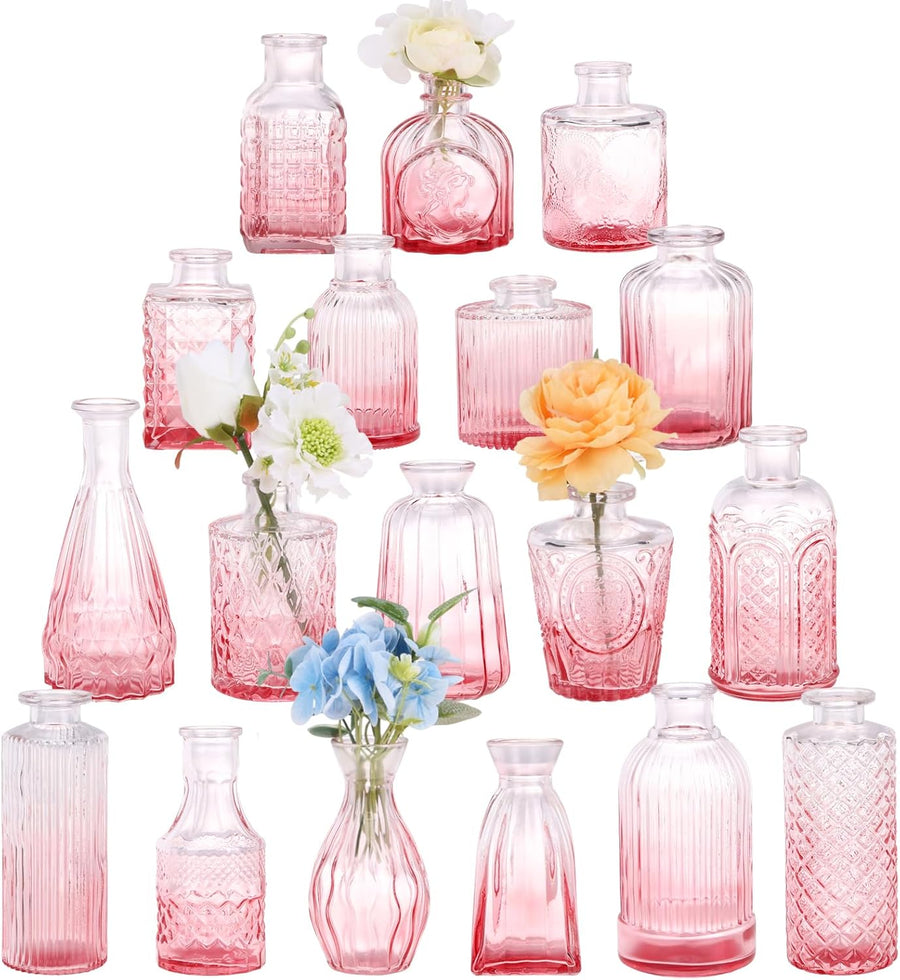 18pcs Pink Glass Bud Vase Set, Small Flower Vases for Centerpieces in Bulk, Mini Vintage Vase for Home, Wedding, Table Decor