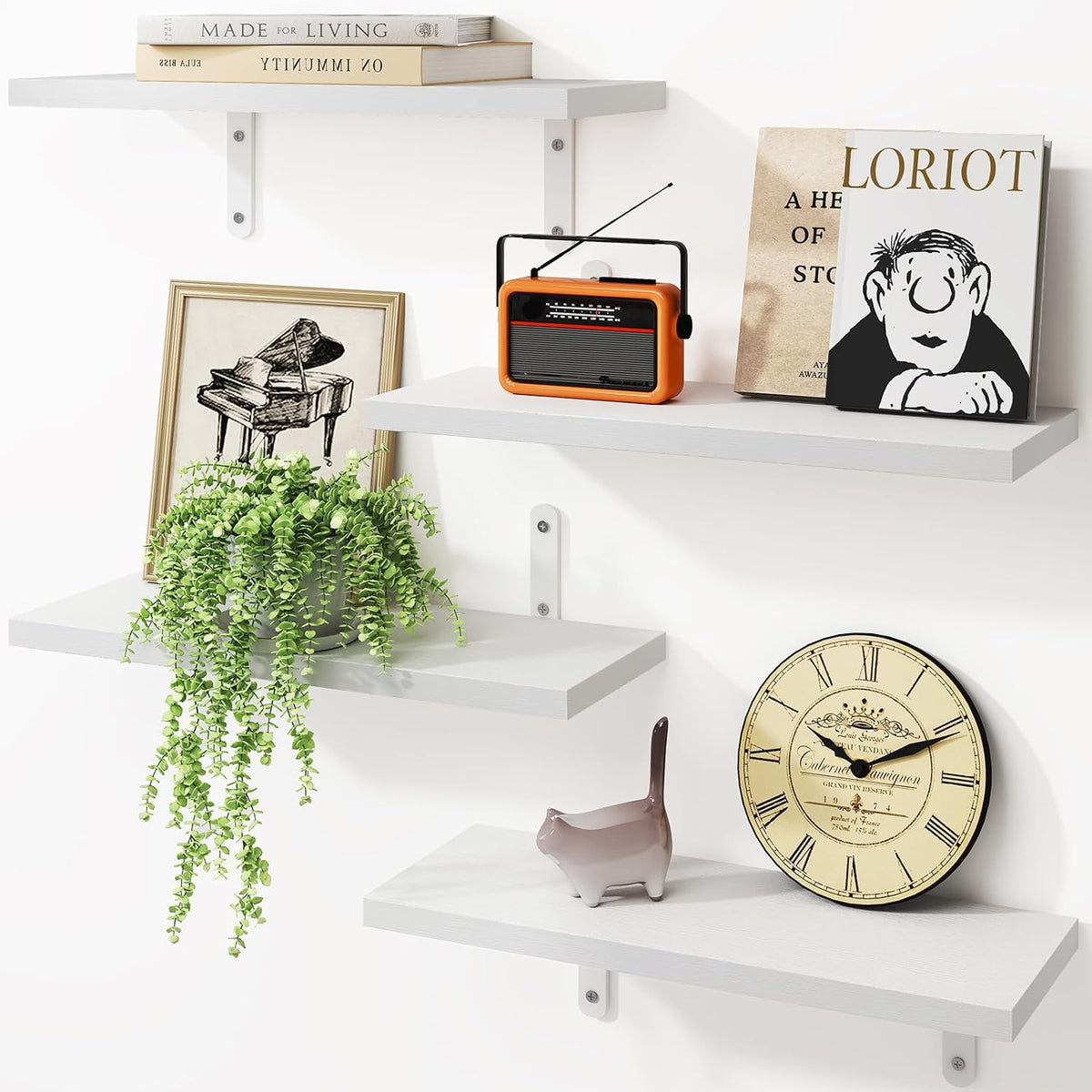 Fixwal Wall Floating Shelves for Bedroom Decor, 4 Sets Wood Floating Shelves for Wall, Wall Mounted Floating Shelf for Bathroom Storage, Book Shelf - White