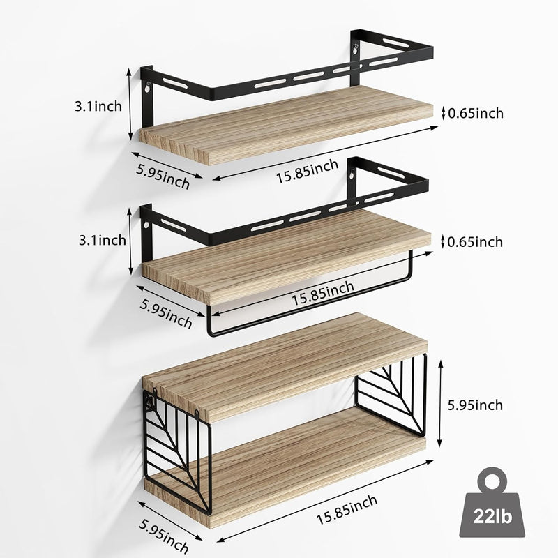 Fixwal Bathroom Shelves Over Toilet, Floating Shelves Wall Mounted with Metal Frame and Towel Bar for Bathroom, Kitchen, Bedroom, Living Room (3 Plus 1 Rustic Brown)