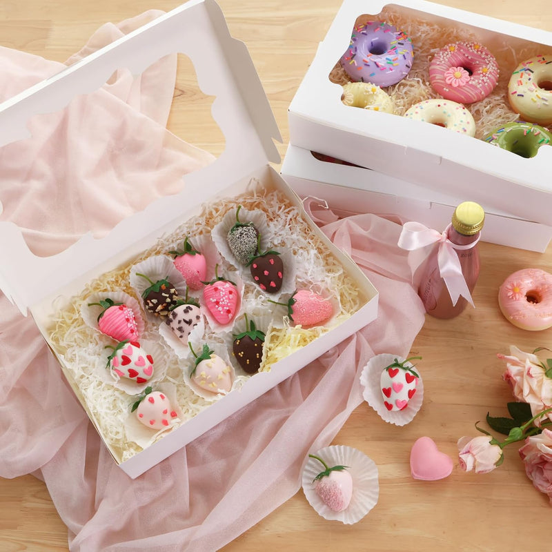 80pcs Cookie Boxes with Window, 12x8x2.5 Inches 4 Style Bakery Boxes, Large White Treat Containers for Chocolate Strawberries, Cakes, Donuts, Muffins and Pastries