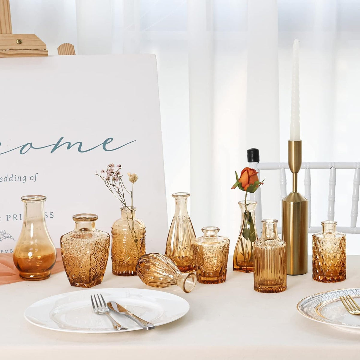 12 Pack Amber Gold Glass Bud Vase Set, Small Vintage Vases for Centerpieces, Decorative Flower Vases for Wedding Home Table Decor