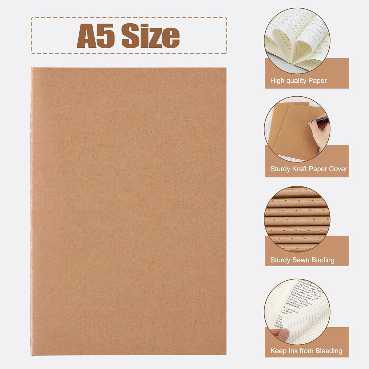 48 Pack A5 Lined Kraft Notebooks, Travel Journals Bulk 8.3x5.5in College Ruled Subject Notebooks 30 Sheets 60 Pages for Writing School Office Supplies