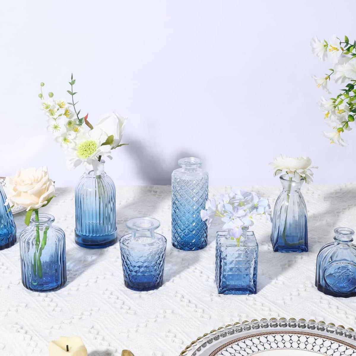12 Pack Blue Glass Bud Vase Set, Small Vintage Vases for Centerpieces, Decorative Flower Vases for Wedding Home Table Decor