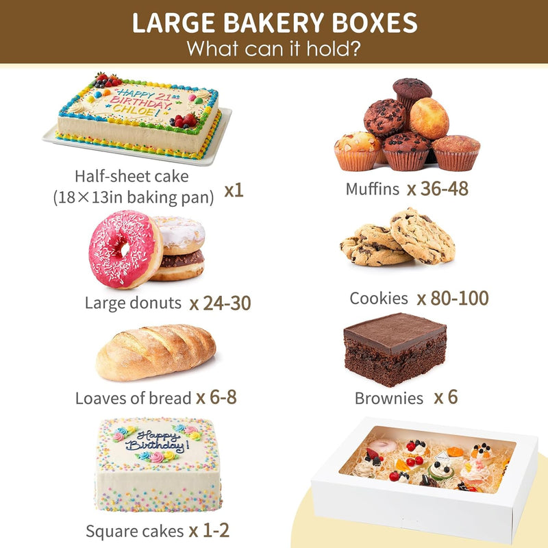 Moretoes 10pcs 19x14x4in Half Sheet Cake Boxes with Window, White Cookie Boxes, for Pastry Baking Cake Donuts Cupcake Pie Packaging, Auto-Popup