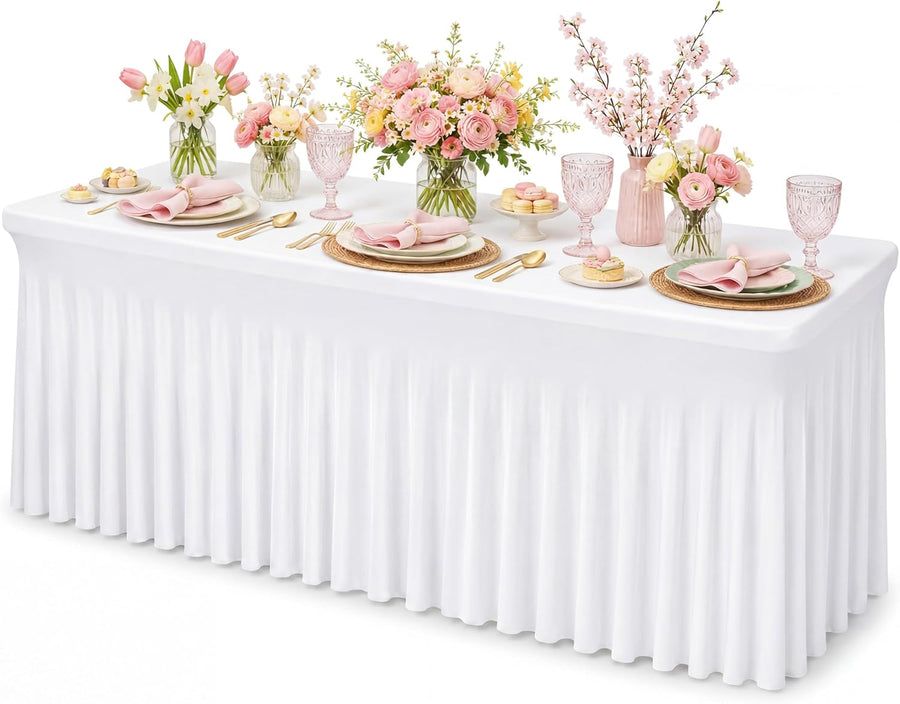 White Spandex Tablecloth for Rectangle Table 6ft, Table Skirt for Folding Table, Table Cover for Party, Show, Wedding and Birthday