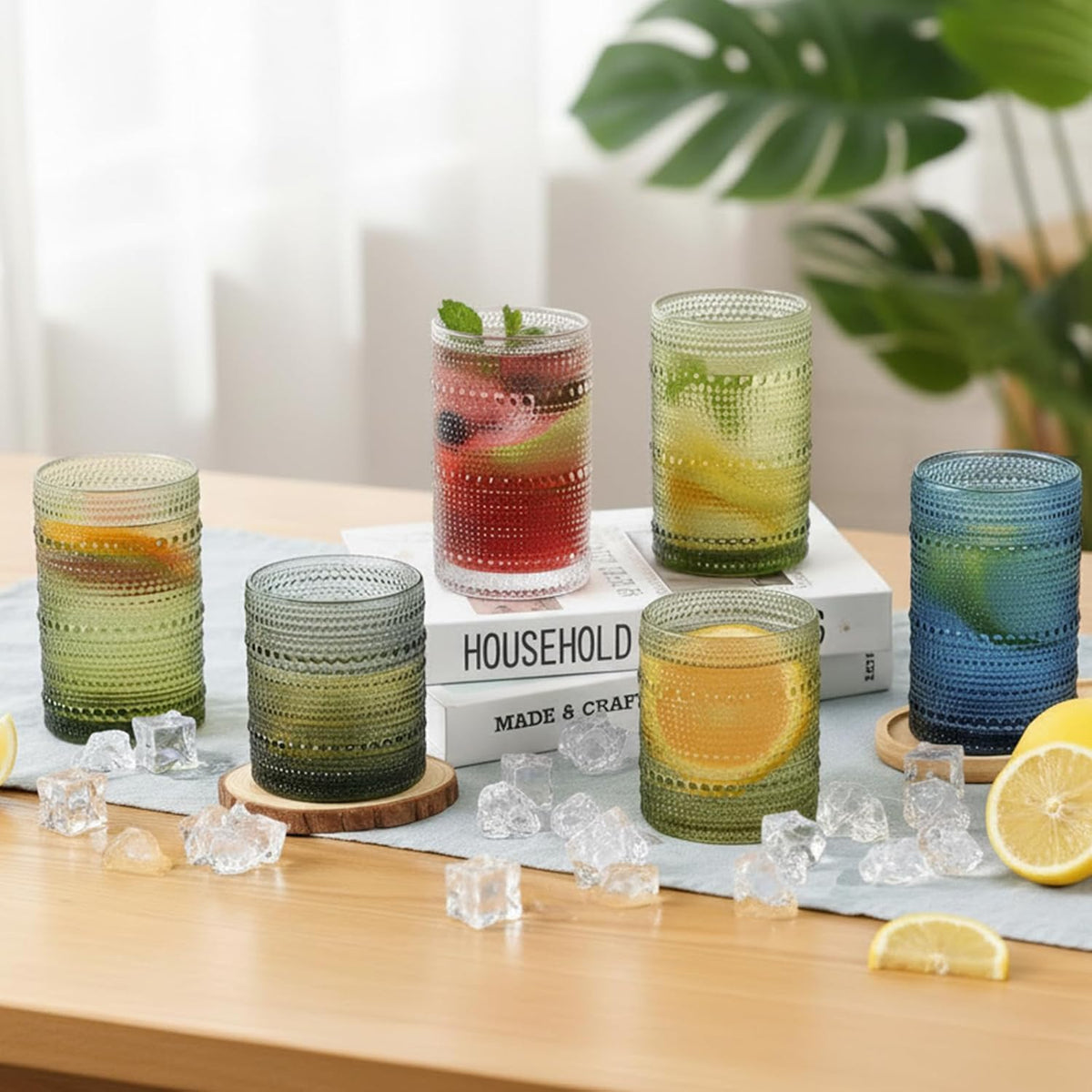 Moretoes Hobnail Drinking Glasses Set of 12,12 Oz Highball Glasses Embossed Boho Water Glass Cups Kitchen Bar Tumbler Glassware Set for Whiskey, Beer