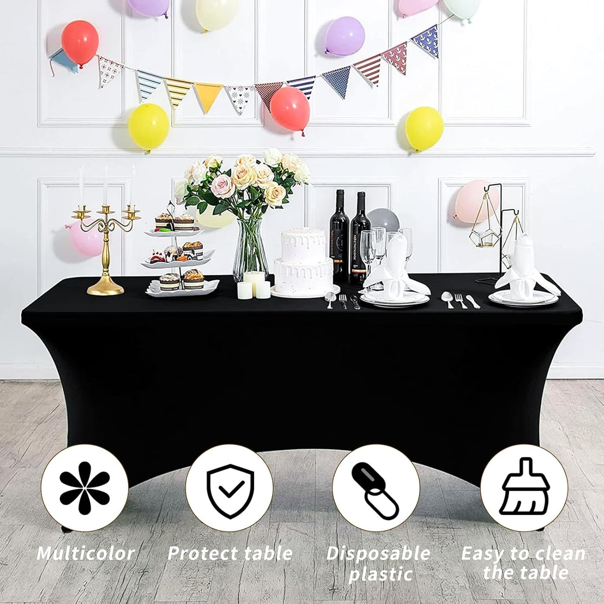 Fixwal 10 Pack 6Ft Black Table Cover, Spandex Fitted Tablecloths Rectangle, Wrinkle-Free and Stretch Folding Table Cloth for Banquet, Wedding, Party, Trade Show