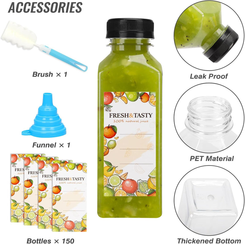150pcs Juice Bottles, 12oz Reusable Plastic Juice Bottles with Caps and Labels, Funnel, Brush Beverage Containers for Juicing, Smoothies, Tea, Milk