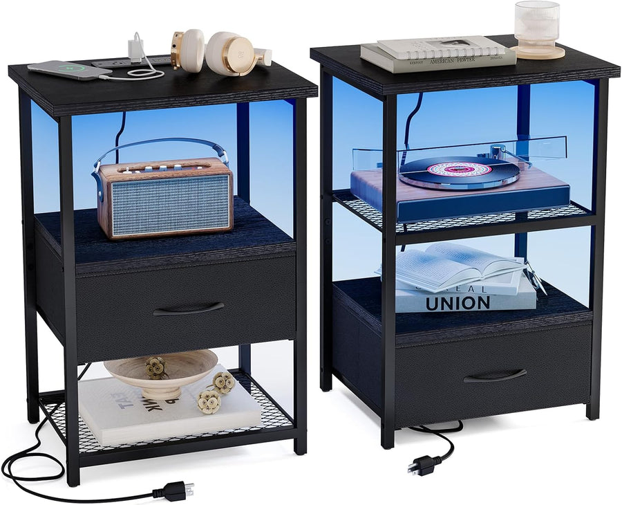Night Stand Set of 2 with Charging Station, LED Nightstand with Fabric Drawers, End Table with PU Finish, Bed Side Table, Black
