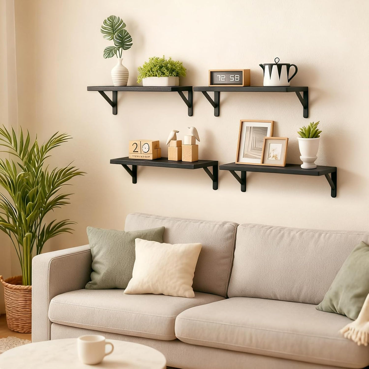 Fixwal Floating Shelves for Wall, Wood Wall Mounted Shelves for Bedroom, Bathroom, Living Room, Kitchen Storage and Decor(Black, Set of 4, 16.5 Inch)