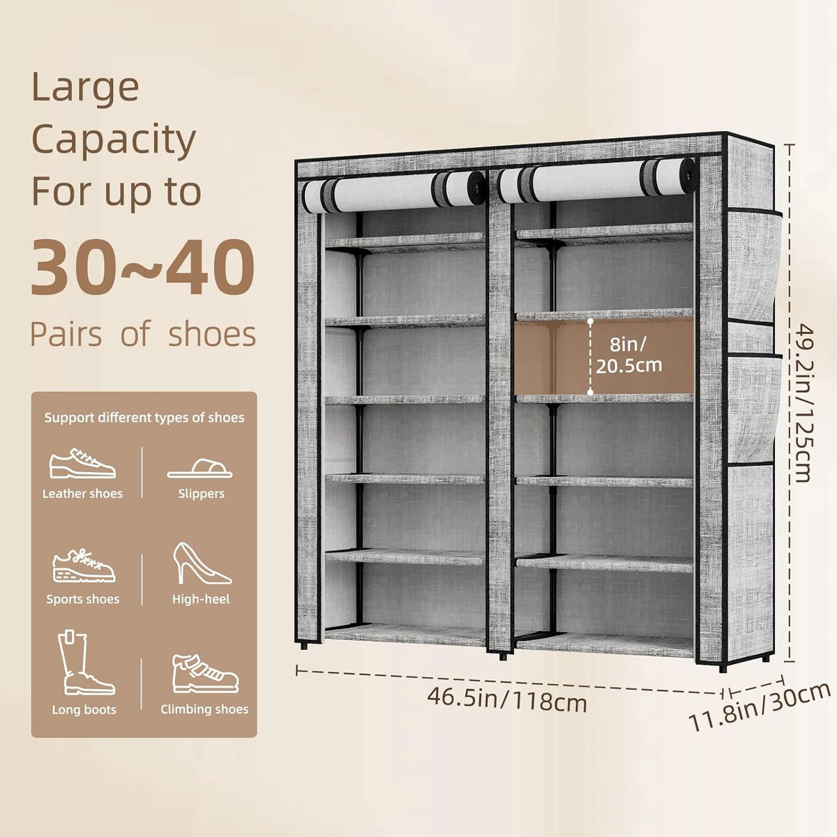 Shoe Rack with Cover, Shoe Rack with 4 Side Pockets, 6 Tier Shoe Organizer Holds 30-40 Pairs Shoes and Boots, Shoe Storage for Closet, Entryway and Hallway, Storage Cabinet for Home, Gray