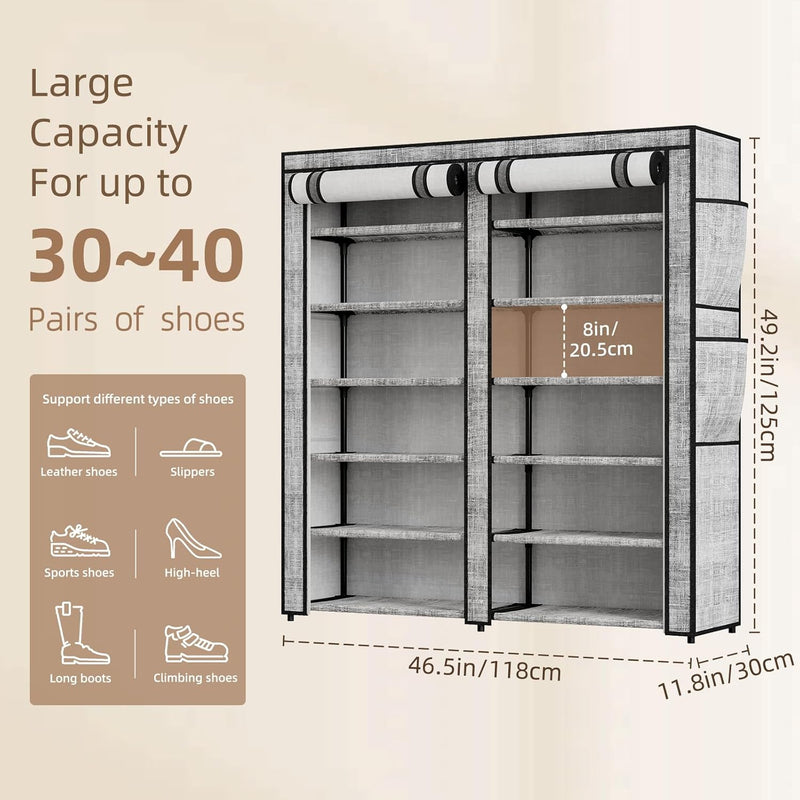 Shoe Rack with Cover, Shoe Rack with 4 Side Pockets, 6 Tier Shoe Organizer Holds 30-40 Pairs Shoes and Boots, Shoe Storage for Closet, Entryway and Hallway, Storage Cabinet for Home, Gray