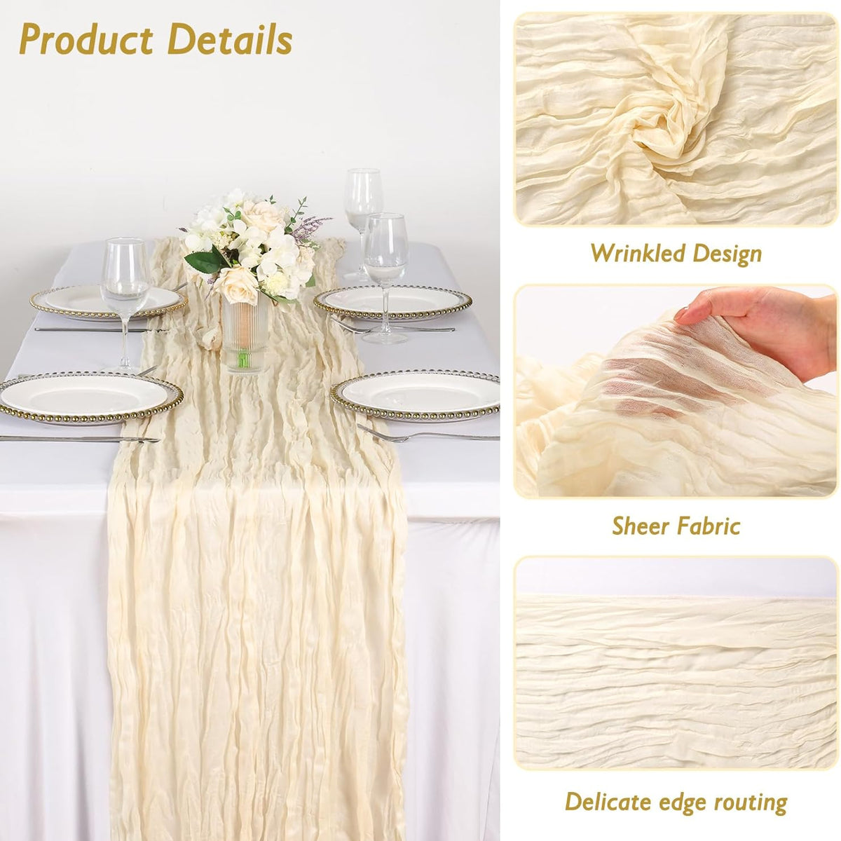 8 Pack Ivory Cream Cheesecloth Table Runner 120 Inch 10FT Beige Gauze Cheese Cloth for Wedding Decoration, Banquet, Boho Decor